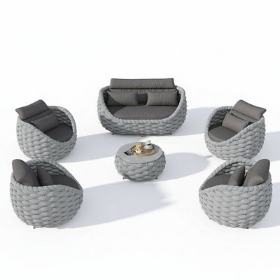 6-Piece Aluminum Patio Furniture Set, Olefin Rope Modern Outdoor Conversation Set Sectional Sofa with Water Repellent Thick Cushions and Coffee Table for Balcony, Garden, Light Grey