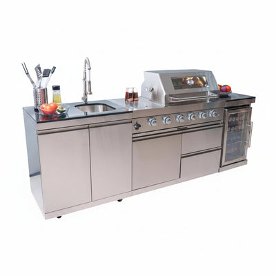 BBQ Island Outdoor Kitchen Kits, 4-Burner 72000 BTU Stainless Steel Modular 98 Inch Natural Gas Outdoor Kitchen Bar Barbecue Island Grill with Refrigerator and Sink for Patio Backyard