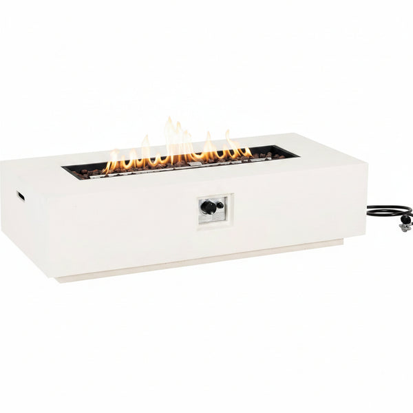 Aidan Lightweight Concrete Outdoor Propane Fire Pit Table, 50,000 BTU Rectangular Fire Table for Patio Furniture Set (No Tank Holder), Fully Assembled Patio Fire Pit, White