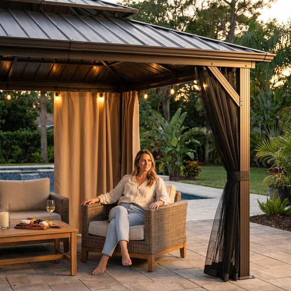 Aluminum Hardtop Gazebo Built for Year-Round Shelter, 12x14 Ft, Steel Roof, Mosquito Netting, Curtains