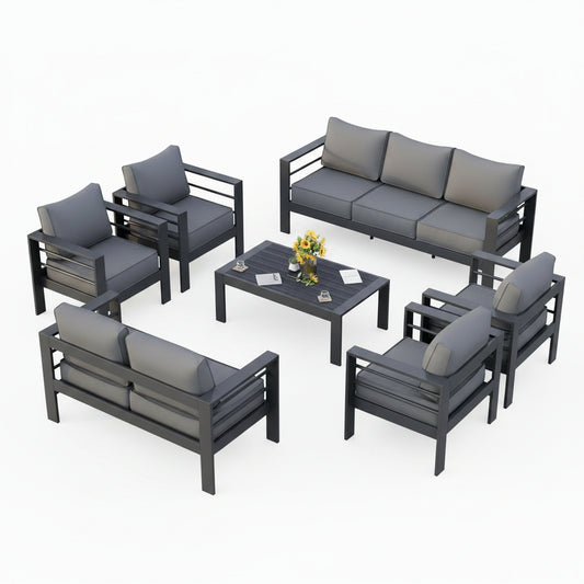 Aluminum Patio Furniture Set, 7 Piece Metal Outdoor Set, Patio Furniture Set with Waterproof Covers for Backyard Garden（Grey）