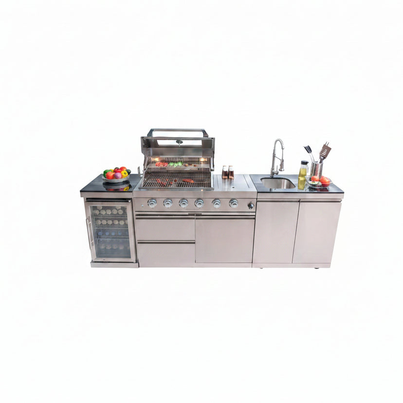 Modular Outdoor Kitchen BBQ Island, 104" Outdoor Kitchen Propane Gas Island Grill with Sink, Compact Refrigerator, Storage Cabinets, Rotisserie Kit (Silver, 104")