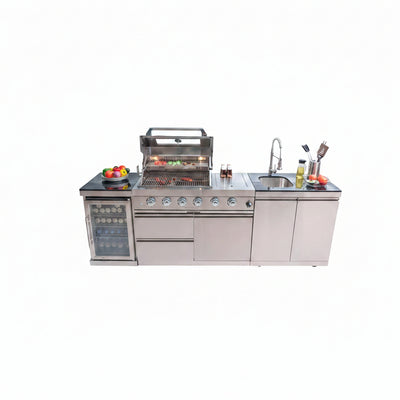 Modular Outdoor Kitchen BBQ Island, 104" Outdoor Kitchen Propane Gas Island Grill with Sink, Compact Refrigerator, Storage Cabinets, Rotisserie Kit (Silver, 104")