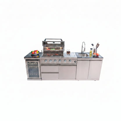 Modular Outdoor Kitchen BBQ Island, 104" Outdoor Kitchen Propane Gas Island Grill with Sink, Compact Refrigerator, Storage Cabinets, Rotisserie Kit (Silver, 104")