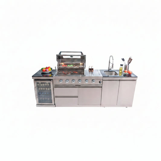 Modular Outdoor Kitchen BBQ Island, 104" Outdoor Kitchen Propane Gas Island Grill with Sink, Compact Refrigerator, Storage Cabinets, Rotisserie Kit (Silver, 104")