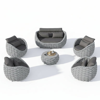 6-Piece Aluminum Patio Furniture Set, Olefin Rope Modern Outdoor Conversation Set Sectional Sofa with Water Repellent Thick Cushions and Coffee Table for Balcony, Garden, Light Grey