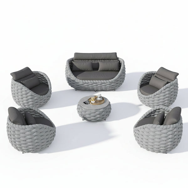 6-Piece Aluminum Patio Furniture Set, Olefin Rope Modern Outdoor Conversation Set Sectional Sofa with Water Repellent Thick Cushions and Coffee Table for Balcony, Garden, Light Grey