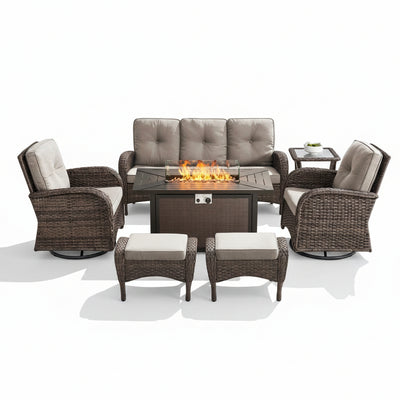 7 Piece Outdoor Patio Furniture Set, Patio Furniture Set with Fire Pit Table Rattan Wicker Patio Furniture Set, Brown Wicker & Beige Cushion