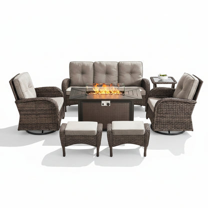 7 Piece Outdoor Patio Furniture Set, Patio Furniture Set with Fire Pit Table Rattan Wicker Patio Furniture Set, Brown Wicker & Beige Cushion