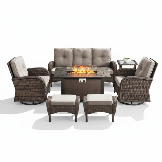 7 Piece Outdoor Patio Furniture Set, Patio Furniture Set with Fire Pit Table Rattan Wicker Patio Furniture Set, Brown Wicker & Beige Cushion