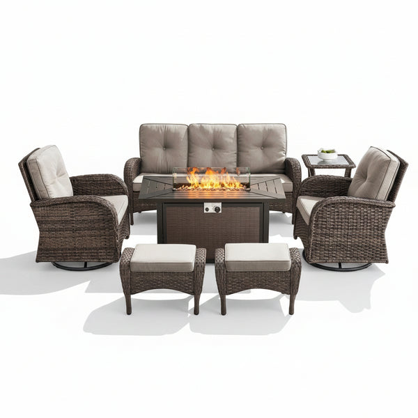 7 Piece Outdoor Patio Furniture Set, Patio Furniture Set with Fire Pit Table Rattan Wicker Patio Furniture Set, Brown Wicker & Beige Cushion