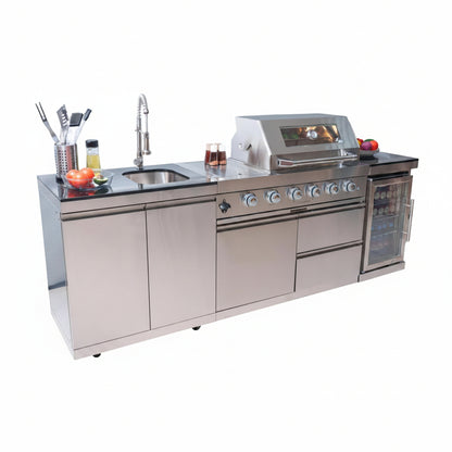 BBQ Island Outdoor Kitchen Kits, 4-Burner 72000 BTU Stainless Steel Modular 98 Inch Natural Gas Outdoor Kitchen Bar Barbecue Island Grill with Refrigerator and Sink for Patio Backyard