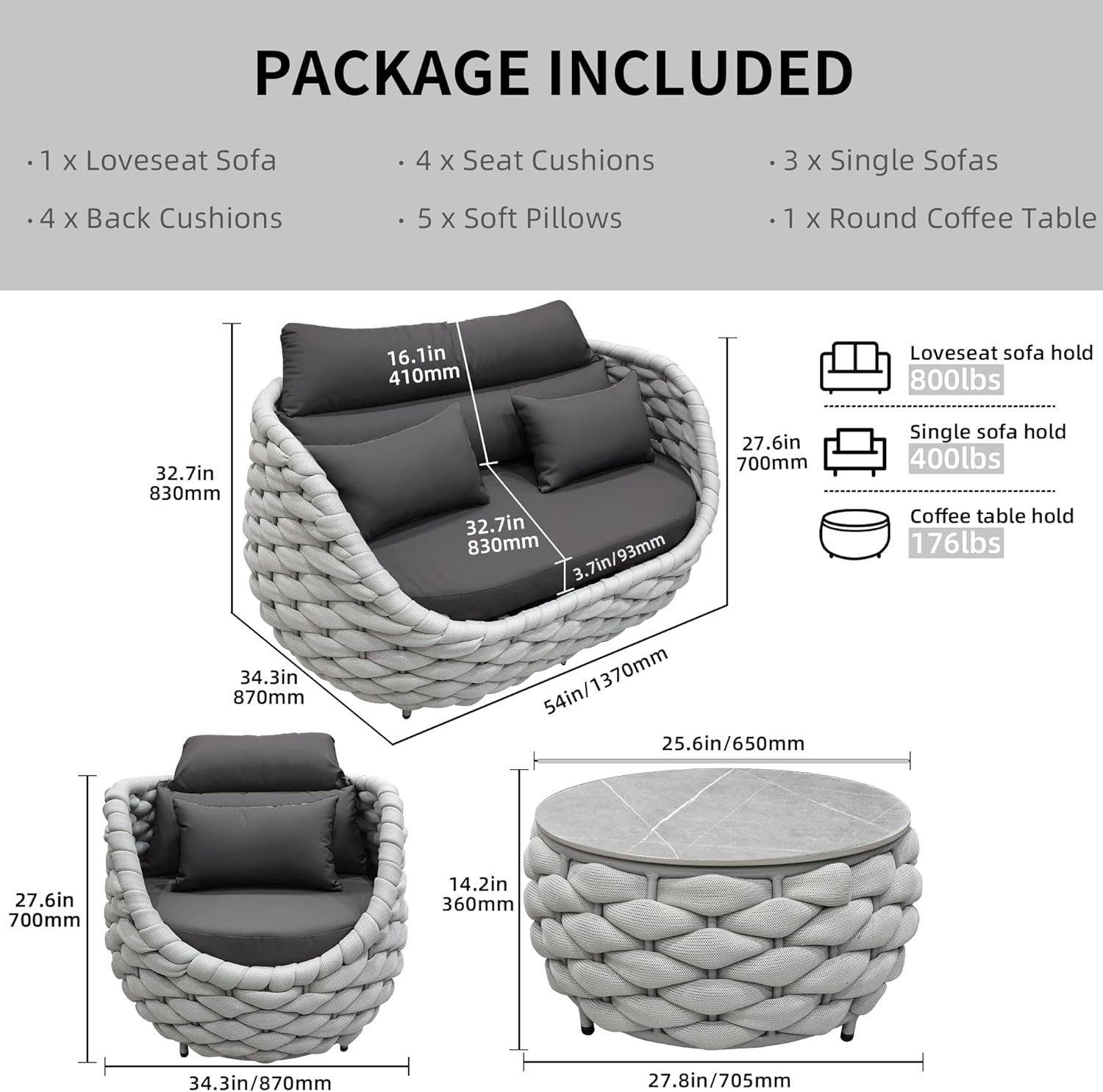 6-Piece Aluminum Patio Furniture Set, Olefin Rope Modern Outdoor Conversation Set Sectional Sofa with Water Repellent Thick Cushions and Coffee Table for Balcony, Garden, Light Grey