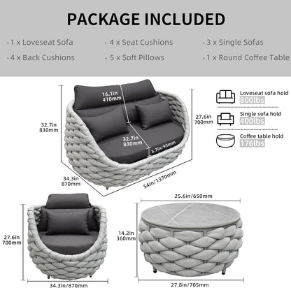 6-Piece Aluminum Patio Furniture Set, Olefin Rope Modern Outdoor Conversation Set Sectional Sofa with Water Repellent Thick Cushions and Coffee Table for Balcony, Garden, Light Grey